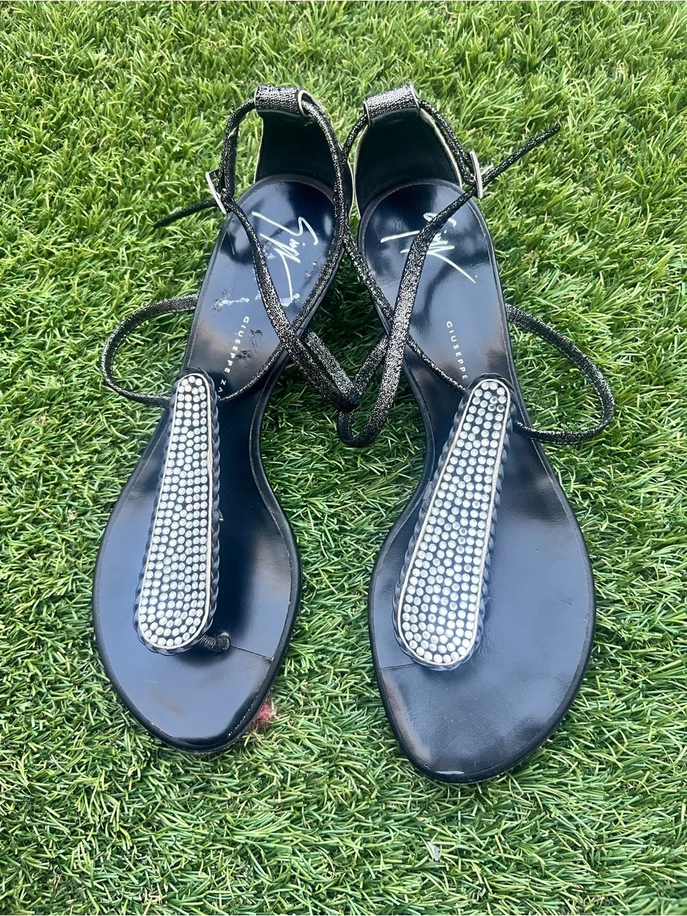 Giuseppe Zanotti Black Rhinestone T-Strap Sandals with Ankle Wrap